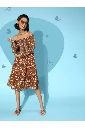 Antheaa Women Deep Brown Floral Tiered Dress