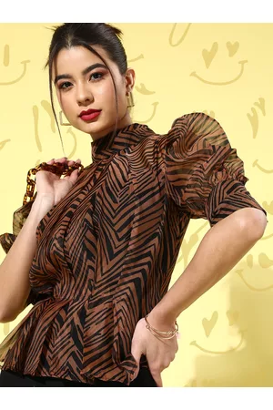 KASSUALLY Women Chic Rust Animal Puff Sleeves Top with Camisole