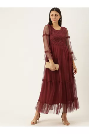 Antheaa Maroon Embellished Tiered Net Maxi Dress