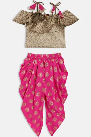 Twisha Girls Golden & Pink Ethnic Motifs Embroidered Frill Top With Dhoti