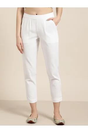 Kalini Women White Relaxed Mid-Rise Slim Fit Cotton Cigarette Trousers