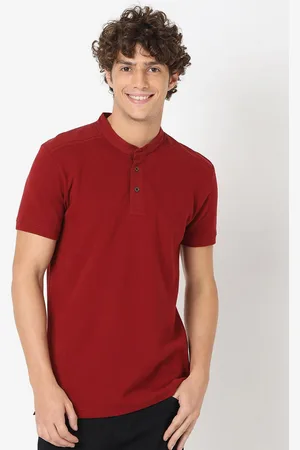 Mufti Plus Size Men Maroon Mandarin Collar Slim Fit T-shirt