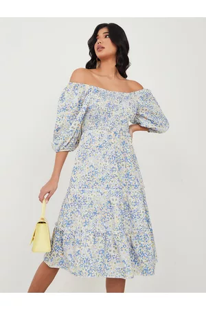 Styli Floral Printed Off-Shoulder Puff Sleeves Smocked Tiered Fit & Flare Dress