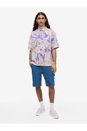 H&M Men Relaxed Fit Short-Sleeved Linen Cotton Shirt