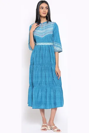 AURELIA Blue Printed Fit & Flared Dress With Belt