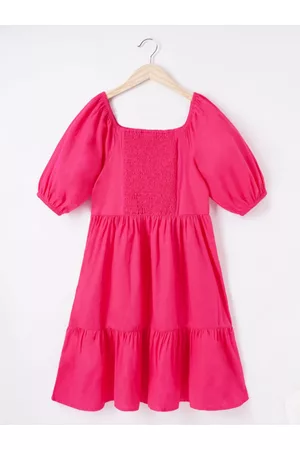 edheads Girls Puff Sleeves Smocked Tiered Cotton Fit & Flare Dress