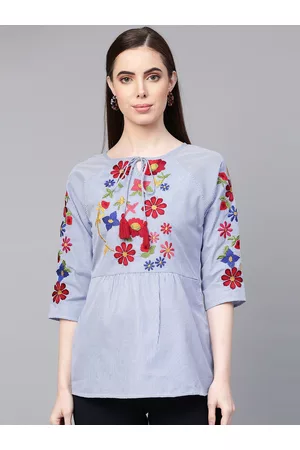 Bhama Couture Women Blue & White Striped Floral Embroidered Regular Pure Cotton Top