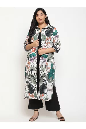 Amydus Plus Size Quirky Printed Shirt Collar Curved Kurta