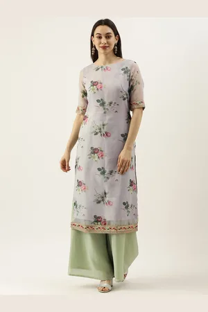 Ethnovog Women Grey Printed Made To Measure Regular Sequinned Kurta with Palazzos