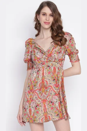 IQRAAR Women Beige Floral Printed Wrap Dress