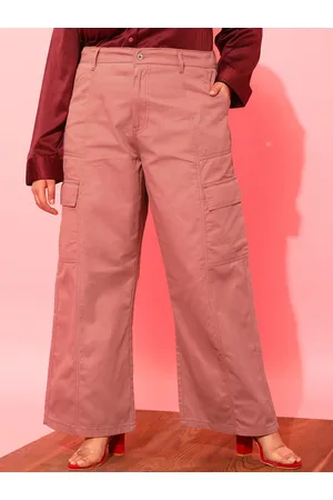 CURVY STREET Women Plus Size Pink Relaxed Straight Leg Pure Cotton Trousers