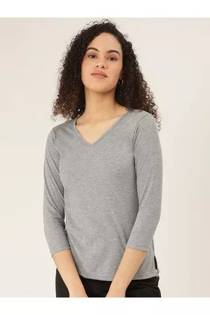 BRINN Women Grey Melange V-Neck T-shirt