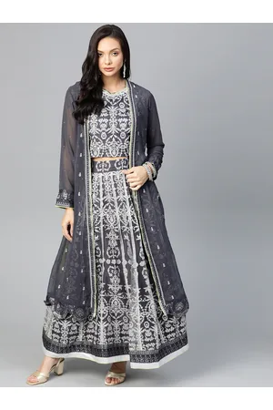 WISHFUL By W Women Grey & White Printed Crop Top with Skirt & Open-Front Ethnic Jacket
