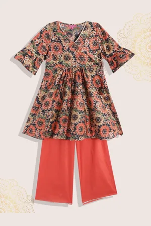 Biba Girls Black Floral Printed Angrakha Pure Cotton Kurta with Palazzos