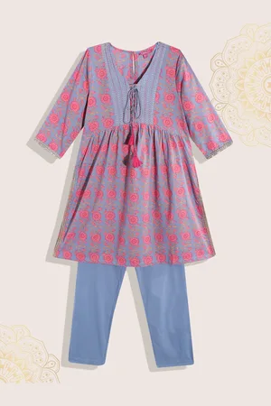 Biba Girls Grey & Pink Pure Cotton Floral Printed Kurta with Trousers