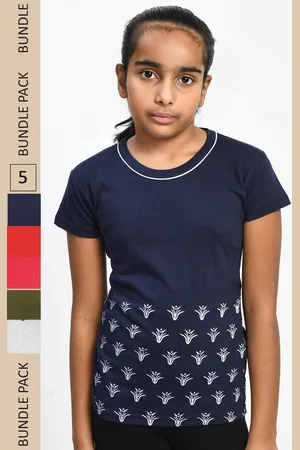 IndiWeaves Girls Pack of 5 Floral Printed Pure Cotton T-Shirts