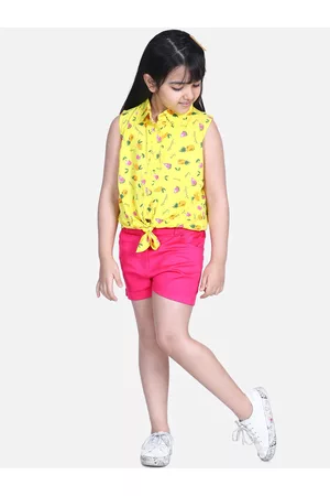 StyleStone Girls Yellow & Pink Printed Top with Shorts