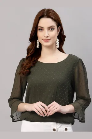 NEUDIS Women Olive Green Self Design Chiffon Ruffle Sleeve Blouson Top