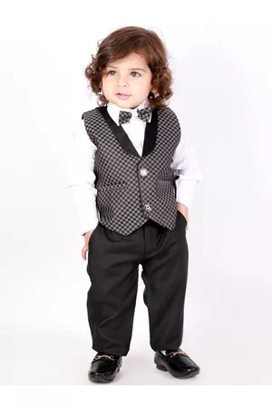KID1 Boys Black & Grey Checked Party Wear suit with bow-tie
