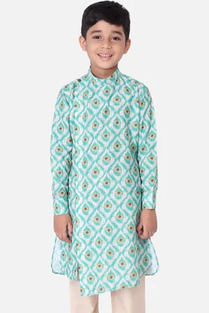 TABARD Boys Green & White Geometric Printed Thread Work Kurta