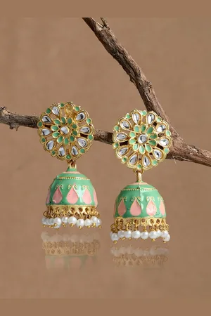 Dastoor Brass-Plated Dome Shaped Kundan Studded Jhumkas