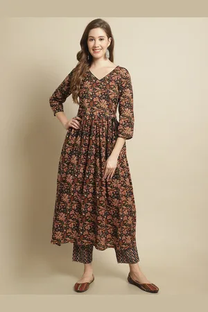 Pistaa Floral Printed Angrakha Pure Cotton Kurta with Trousers
