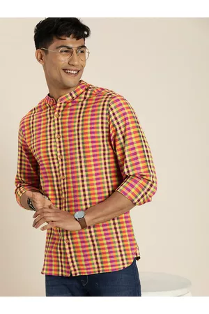 Taavi Men Gamcha Handloom Woven Legacy Gingham Checked Band Collar Casual Shirt