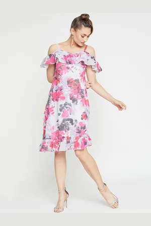 Rare Fashion White Floral Printed Cold-Shoulder Georgette A-Line Dress