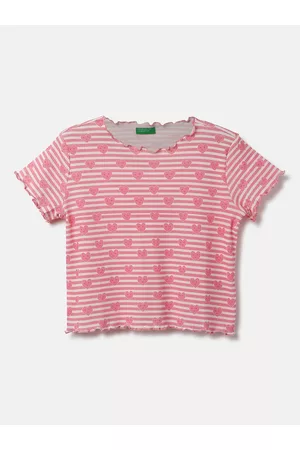 Benetton Girls Round Neck Striped & Conversational Printed Cotton Top