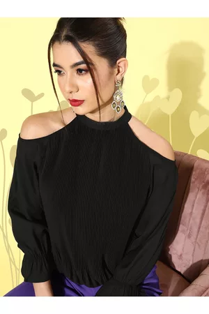 KASSUALLY Women Black Solid Cold Shoulder Sleeves Top