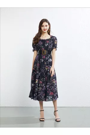 JC Collection Floral Printed Puff Sleeve Belted Fit & Flare Midi Dress