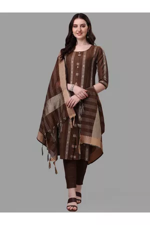 HERE&NOW Brown Striped Regular Pure Cotton Kurta With Trousers & Dupatta