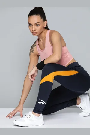 Reebok Women Navy Blue & Mustard Yellow WOR Big Logo Colourblocked Training Tights