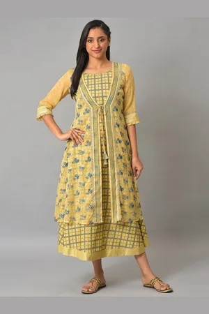 AURELIA Mustard Yellow & Blue Floral Print A-Line Midi Dress