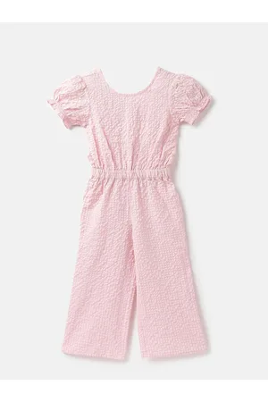 Benetton Girls Self Design Puff Sleeves Basic Jumpsuit