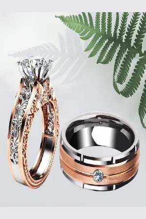 University Set Of 2 Rose Gold-Plated Crystals Studded Couple Finger Ring