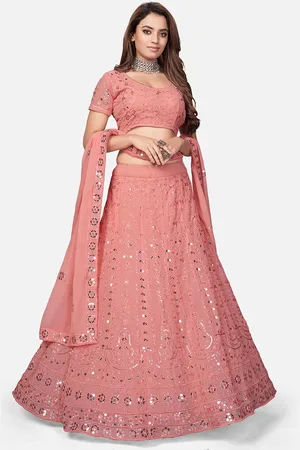 Buy Maroon & Peach-Coloured Embroidered Semi-Stitched Myntra Lehenga &  Unstitched Blouse with Dupatta for Women Online from EthnicPlus for  ₹4,499.00