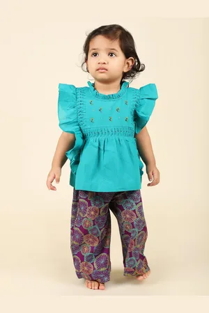 Fabindia Girls Blue & Purple Embellished Top with Pyjamas
