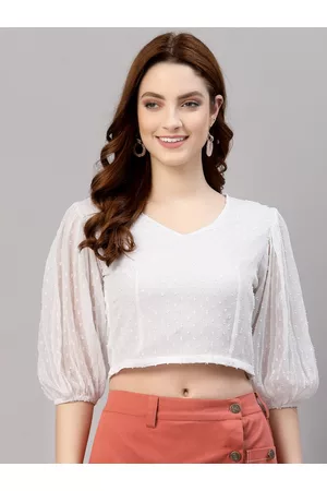NEUDIS Women White Chiffon Self Design Puff Sleeves Blouson Crop Top