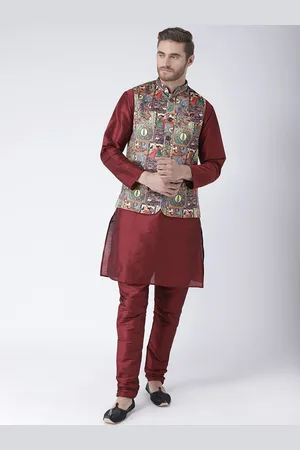 Hangup Men Linen Kurta with Pyjamas & Nehru Jacket Set