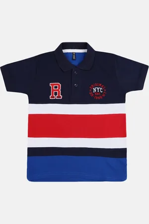 V-Mart Boys Blue and Red Striped Polo Collar T-shirt