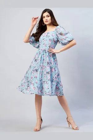 Rare Fashion Blue Floral Printed Puff Sleeves Georgette Fit & Flare Dress