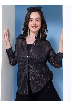 KASSUALLY Women Black Striped Semi-Sheer Casual Shirt