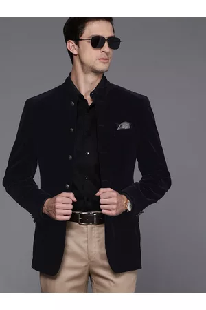 Louis Philippe Men Navy Blue Velvet Bandhgala Blazer