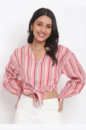 Fabindia Pink Striped Shirt Style Crop Top