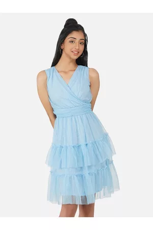 Antheaa Girls Blue Self-Design Net Frilled Tiered Wrap Dress