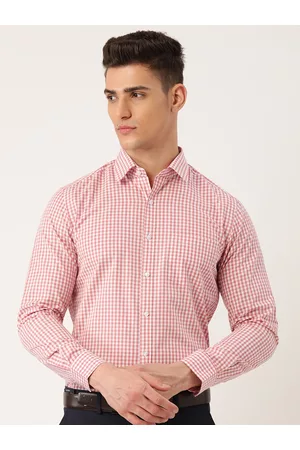 IVOC Men White & Pink Cotton Gingham Checked Formal Shirt