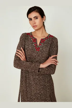 Ancestry Ethnic Motifs Printed Notched Neck Thread Work Kurta