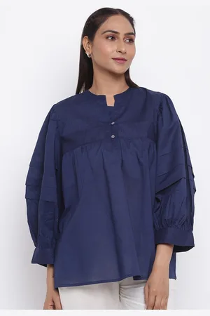 Fabindia Blue Cotton Mandarin Collar Top