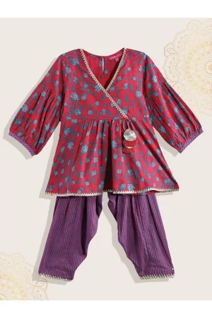 Biba Girls Magenta & Purple Floral Printed Angrakha Pure Cotton Kurta with Salwar
